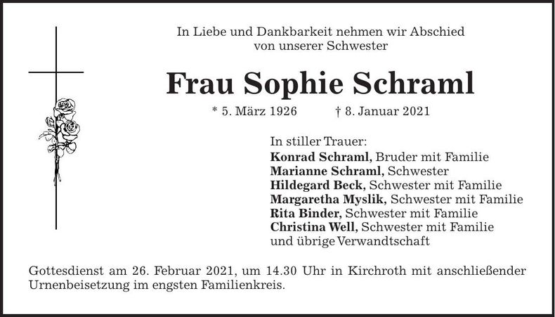 Traueranzeige Sophie Schraml