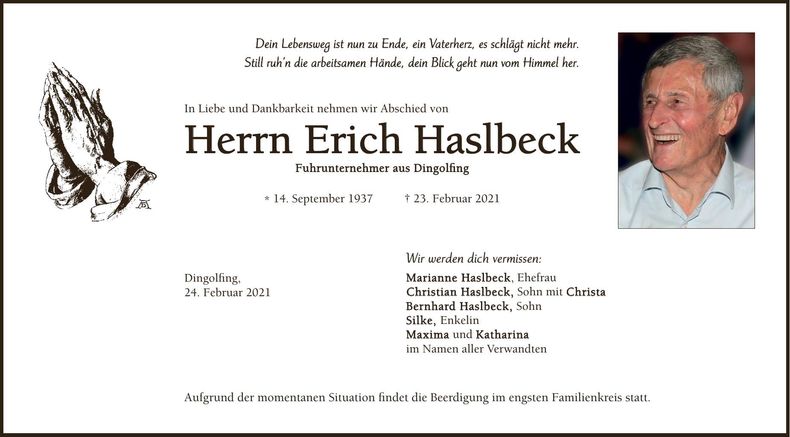 Traueranzeige Erich Haslbeck
