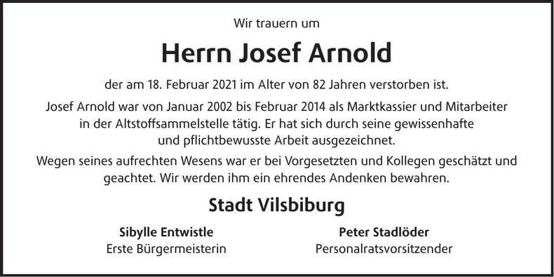 Traueranzeige Josef Arnold