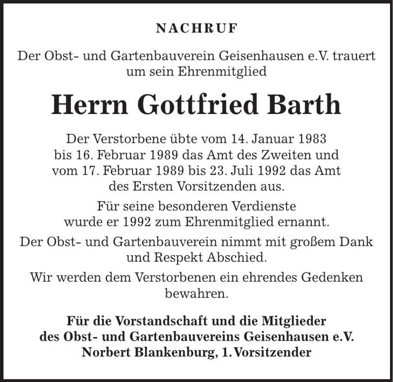Traueranzeige Gottfried Barth