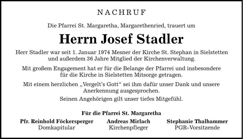 Traueranzeige Josef Stadler