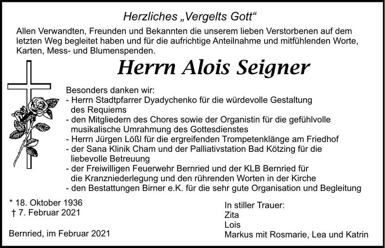 Traueranzeige Alois Seigner