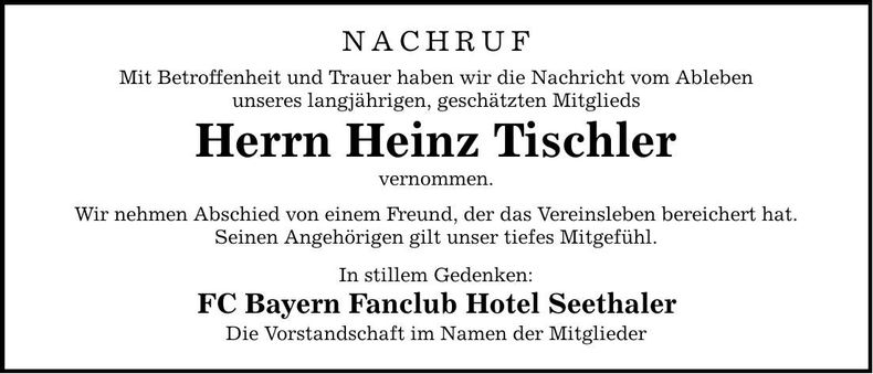 Traueranzeige Heinz Tischler