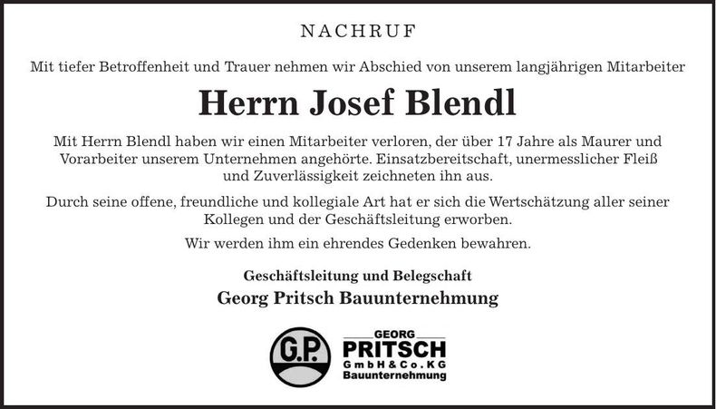 Traueranzeige Josef Blendl