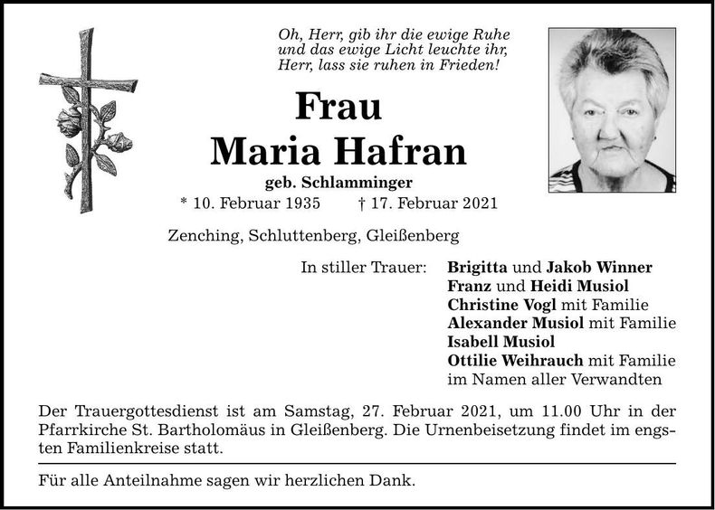Traueranzeige Maria Hafran