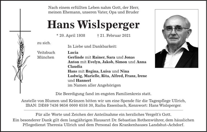 Traueranzeige Hans Wislsperger