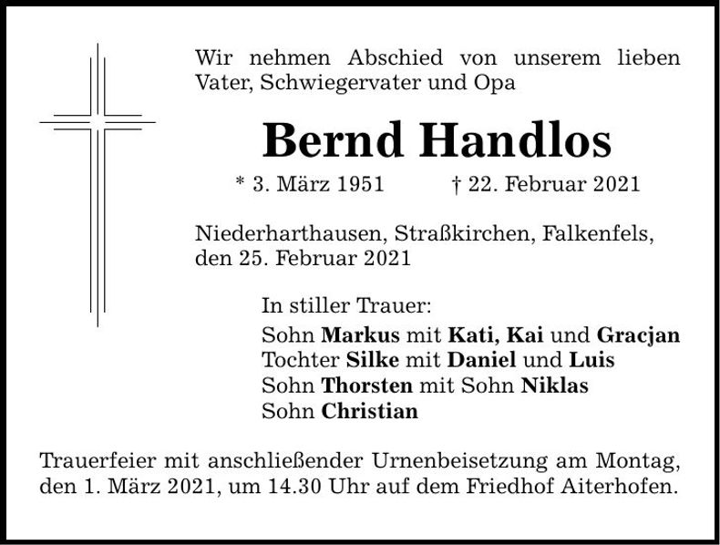 Traueranzeige Bernd Handlos