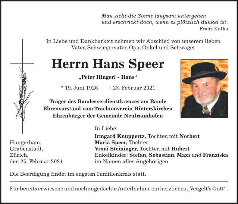 Traueranzeige Hans Speer
