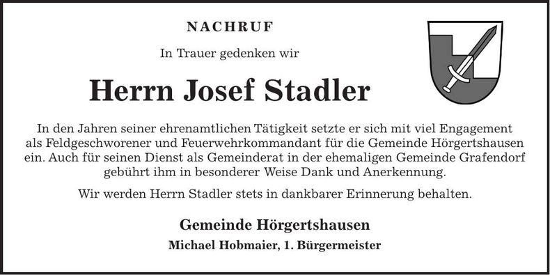 Traueranzeige Josef Stadler