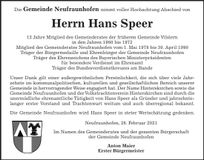 Traueranzeige Hans Speer