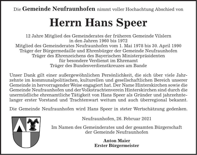Traueranzeige Hans Speer