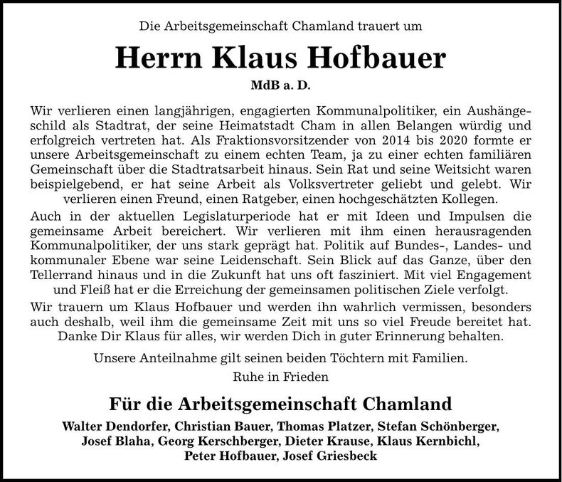 Traueranzeige Klaus Hofbauer