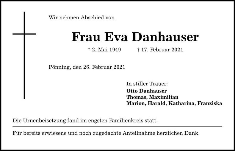 Traueranzeige Eva Danhauser