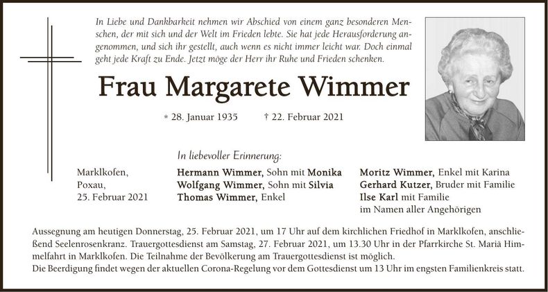 Traueranzeige Margarete Wimmer