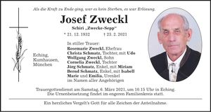 Traueranzeige Josef Zweckl