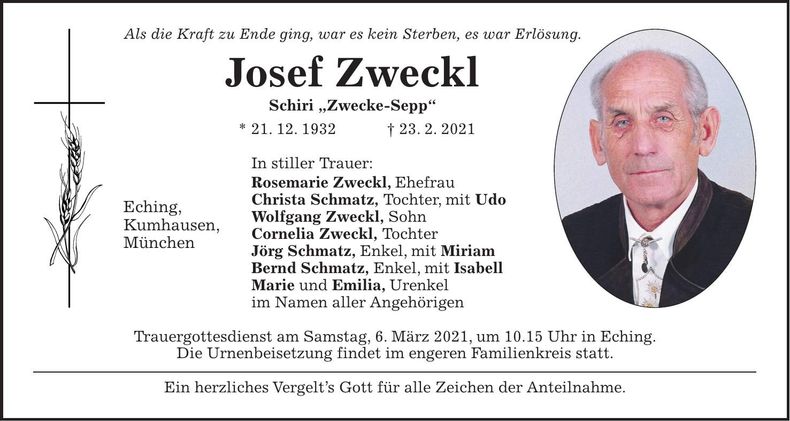 Traueranzeige Josef Zweckl