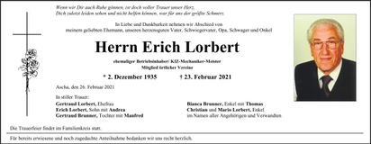 Traueranzeige Erich Lorbert