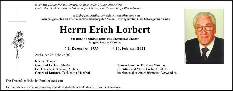 Traueranzeige Erich Lorbert
