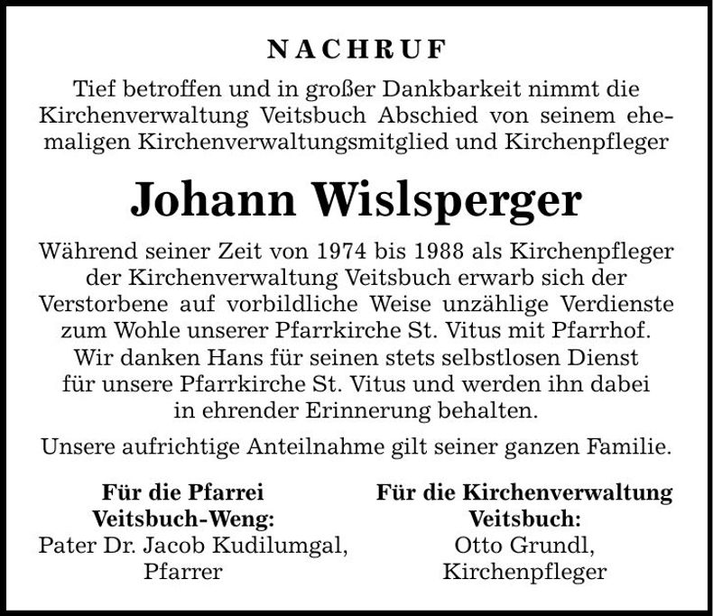 Traueranzeige Johann Wislsperger