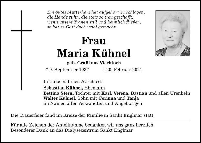 Traueranzeige Kühnel Maria