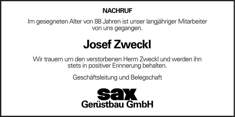 Traueranzeige Josef Zweckl