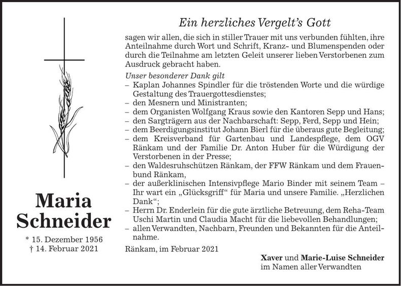 Traueranzeige Maria Schneider
