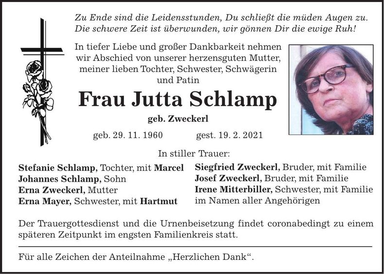 Traueranzeige Jutta Schlamp