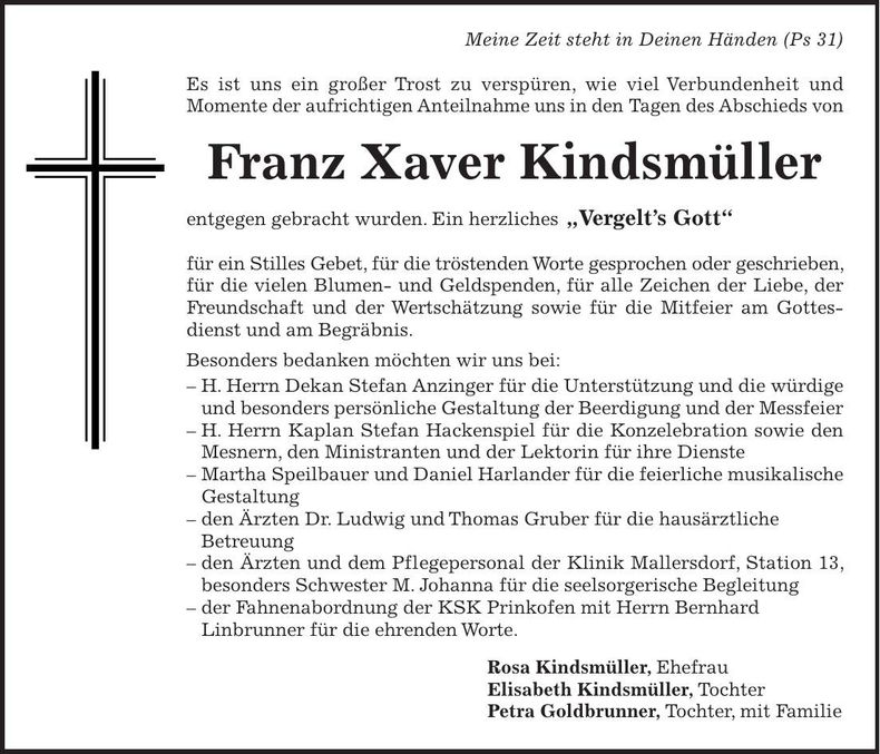 Traueranzeige Franz Xaver Kindsmüller