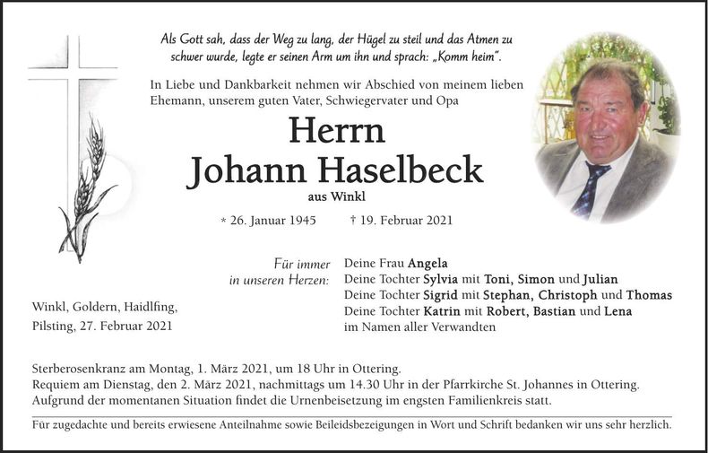 Traueranzeige Johann Haselbeck