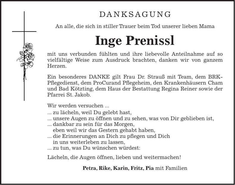 Traueranzeige Inge Prenissl