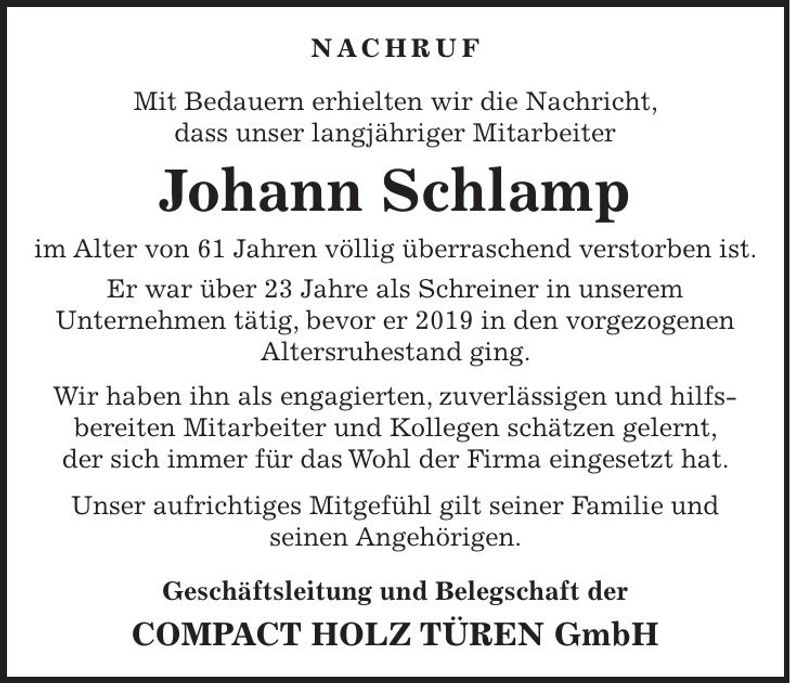 Traueranzeige Johann Schlamp