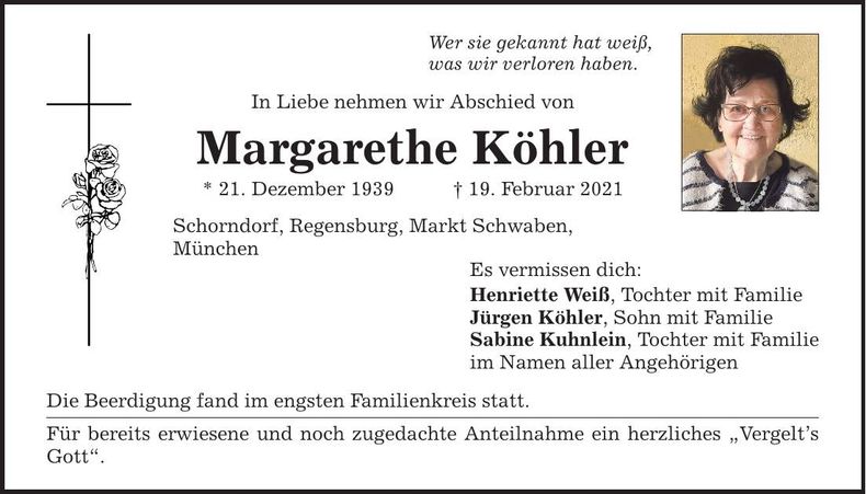 Traueranzeige Margarethe Köhler