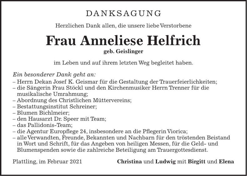Traueranzeige Anneliese Helfrich