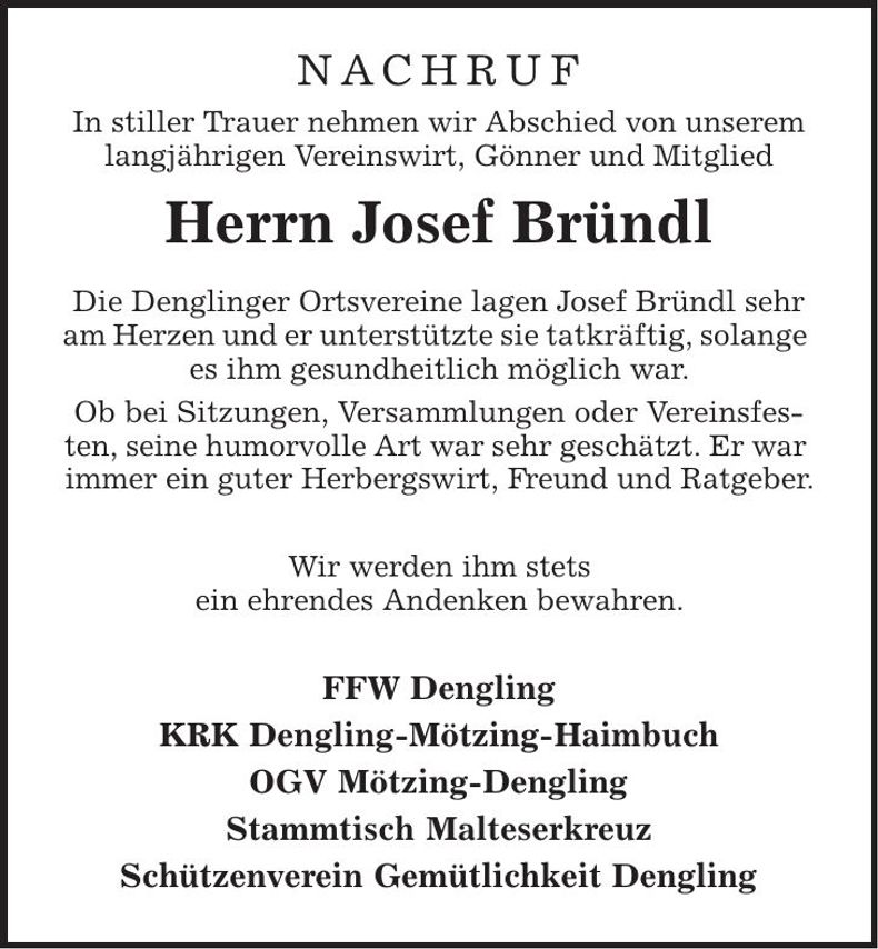 Traueranzeige Josef Bründl