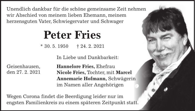 Traueranzeige Peter Fries