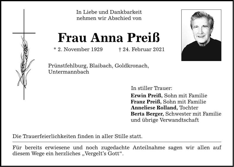 Traueranzeige Anna Preiß