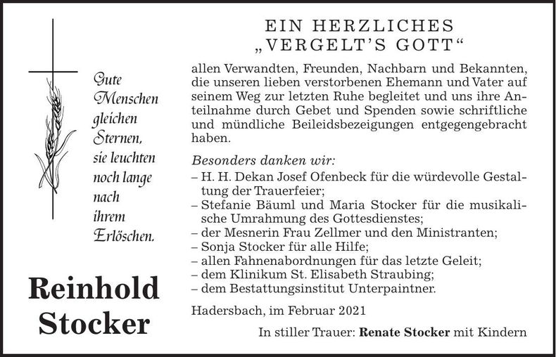 Traueranzeige Reinhold Stocker