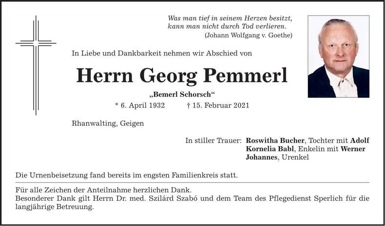 Traueranzeige Georg Pemmerl