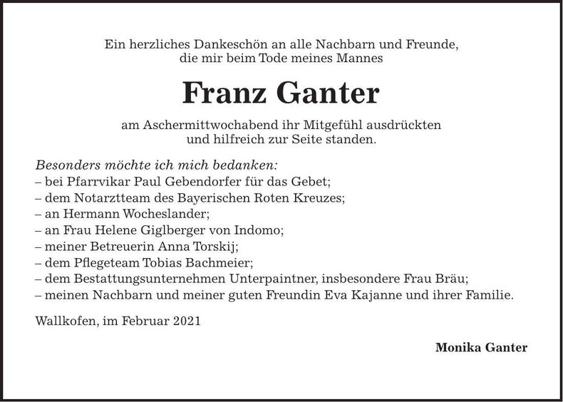 Traueranzeige Franz Ganter