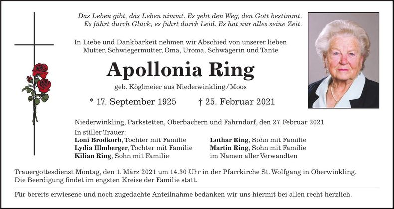 Traueranzeige Apollonia Ring
