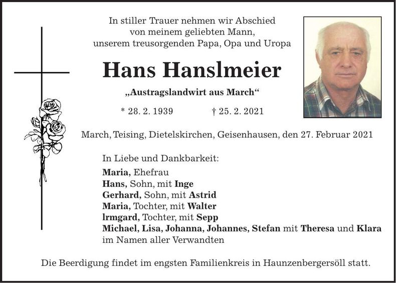 Traueranzeige Hans Hanslmeier