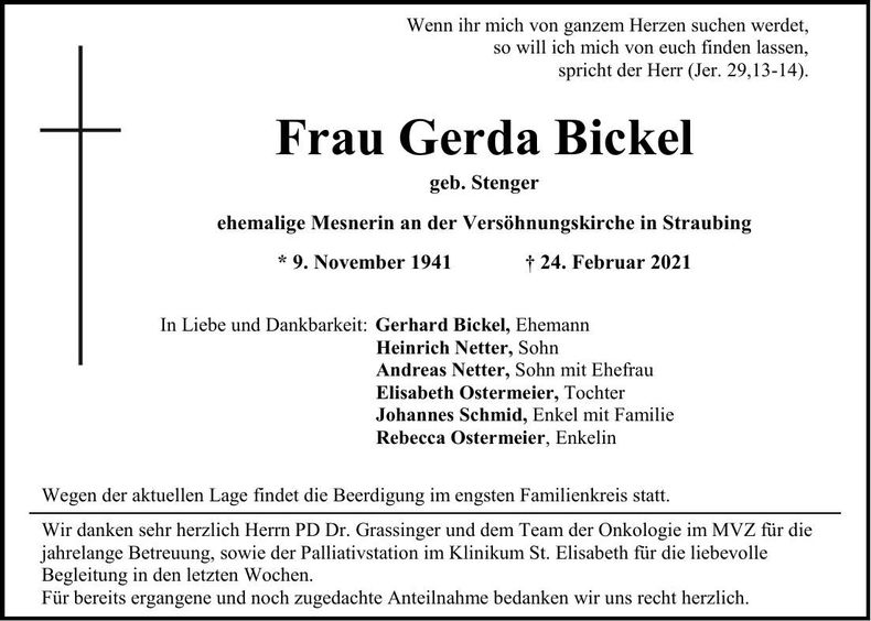 Traueranzeige Gerda Bickel