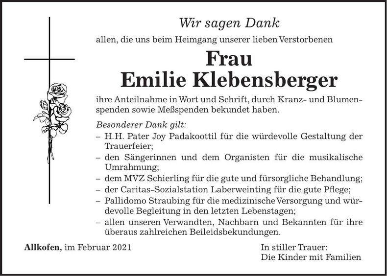 Traueranzeige Emilie Klebensberger