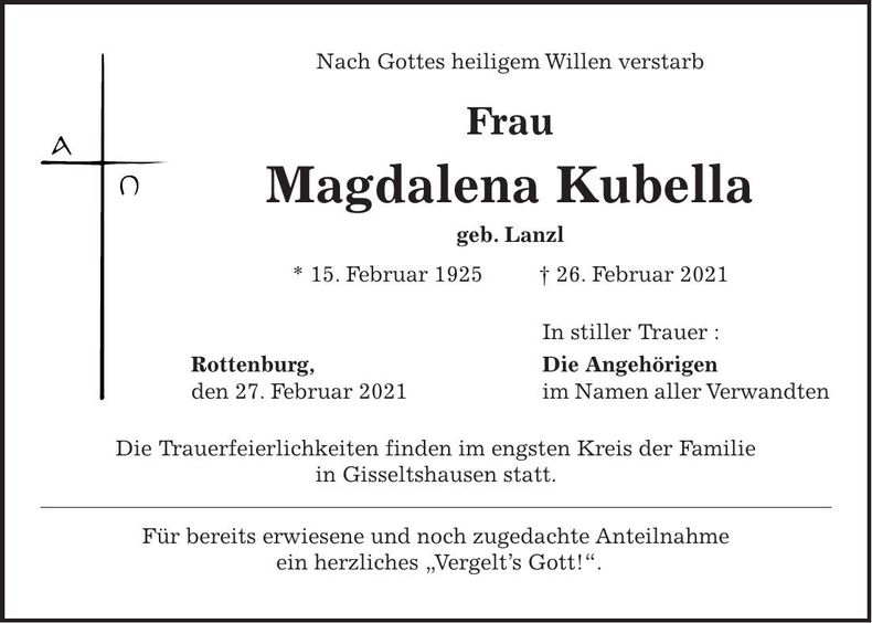 Traueranzeige Magdalena Kubella