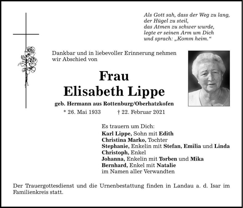 Traueranzeige Elisabeth Lippe