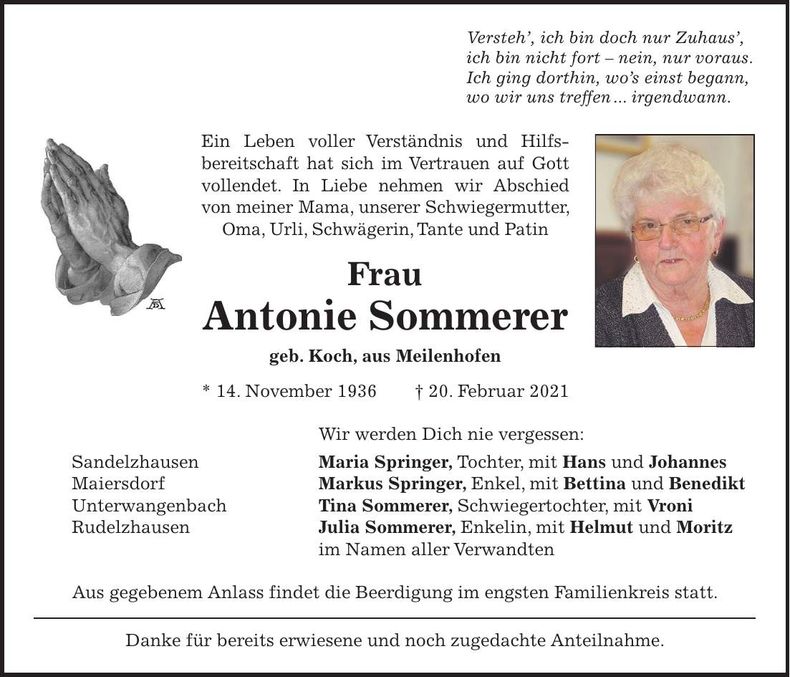 Traueranzeige Antonie Sommerer
