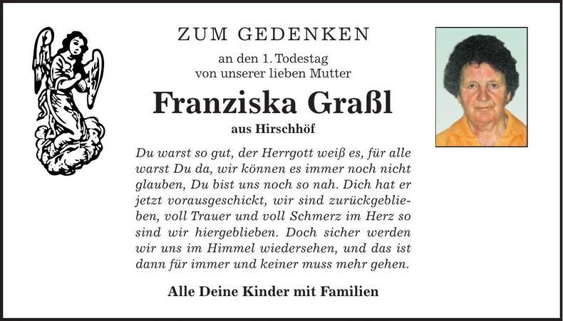 Traueranzeige Franziska Graßl