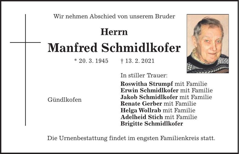 Traueranzeige Manfred Schmidlkofer