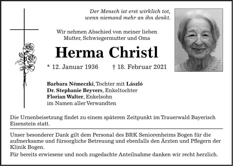 Traueranzeige Herma Christl