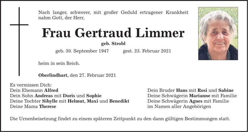 Traueranzeige Gertraud Limmer